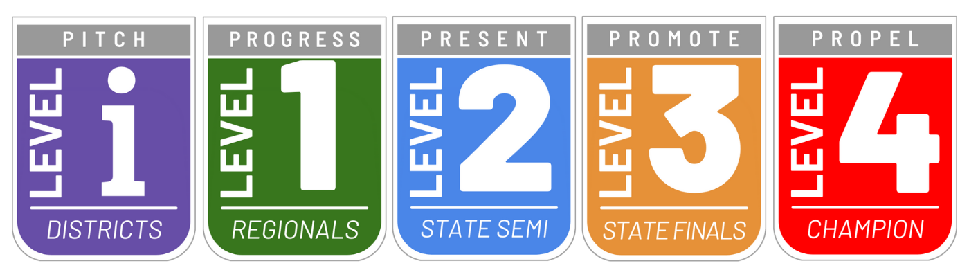 Five STLP Project Level badges showing Levels i–4 with colors purple, green, blue, orange, and red.