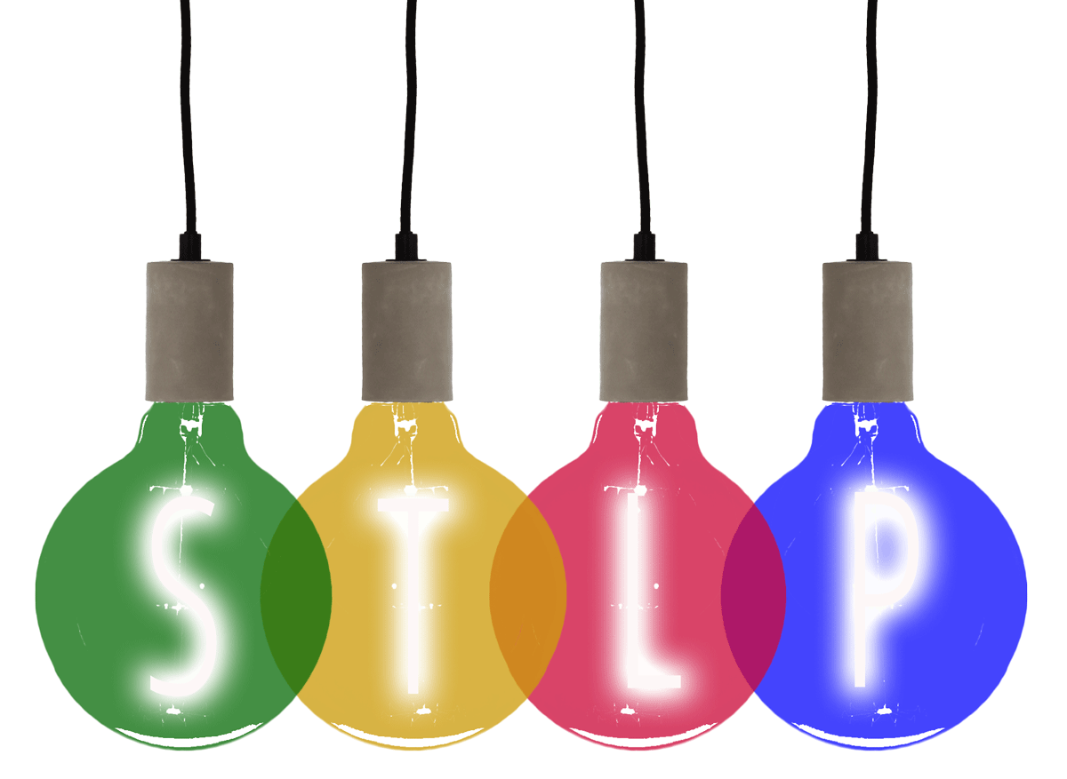 Stylized light bulbs with STLP letters in each bulb
