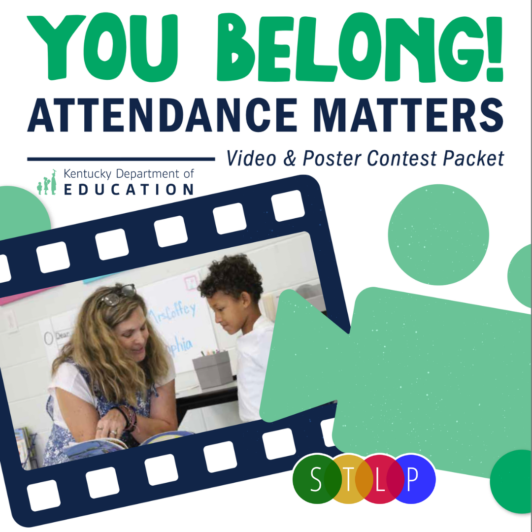attendance matters poster contest, a person and a child are sitting in front of a film strip