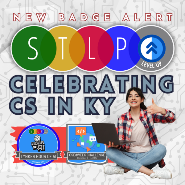 Girl sits holding a laptop giving thumbs up with text Celebrating CS in KY