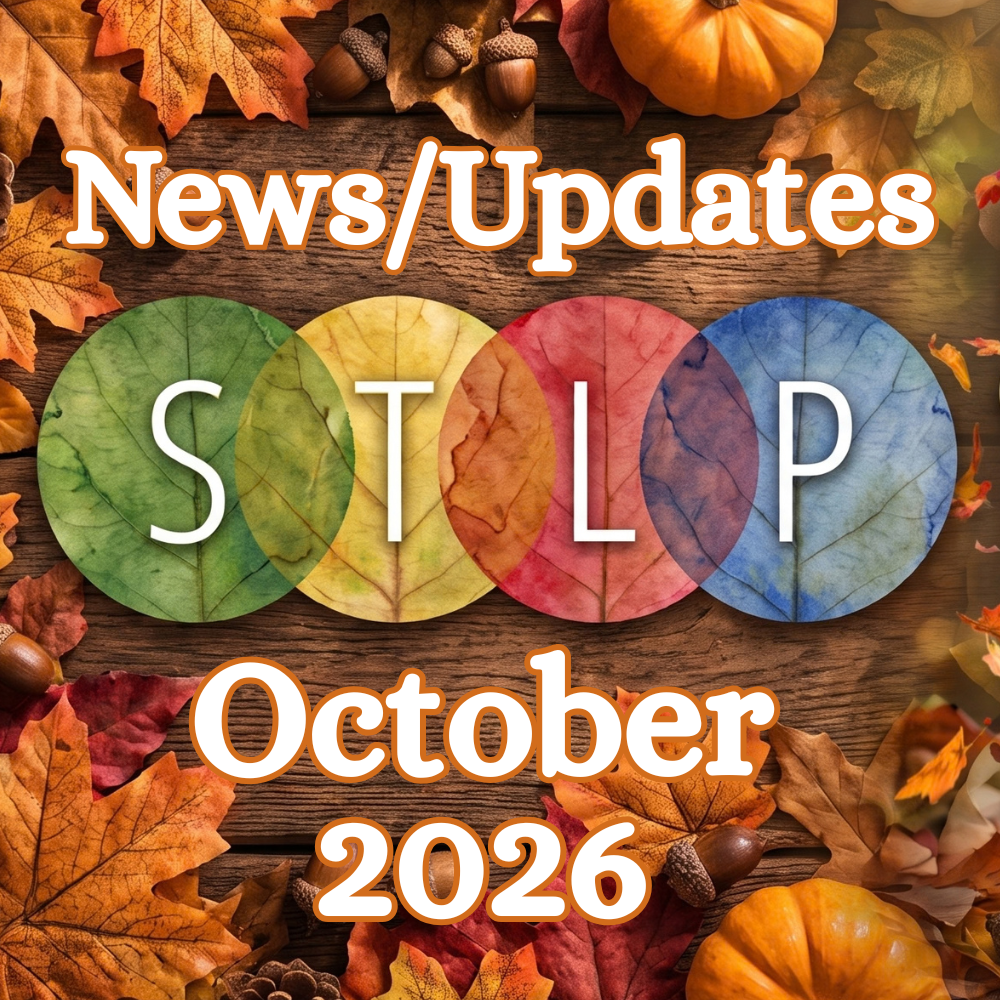 Autumn leaves and pumpkins arranged around a rustic wooden surface, with four overlapping colored circles spelling “STLP” in white and light-blue letters.